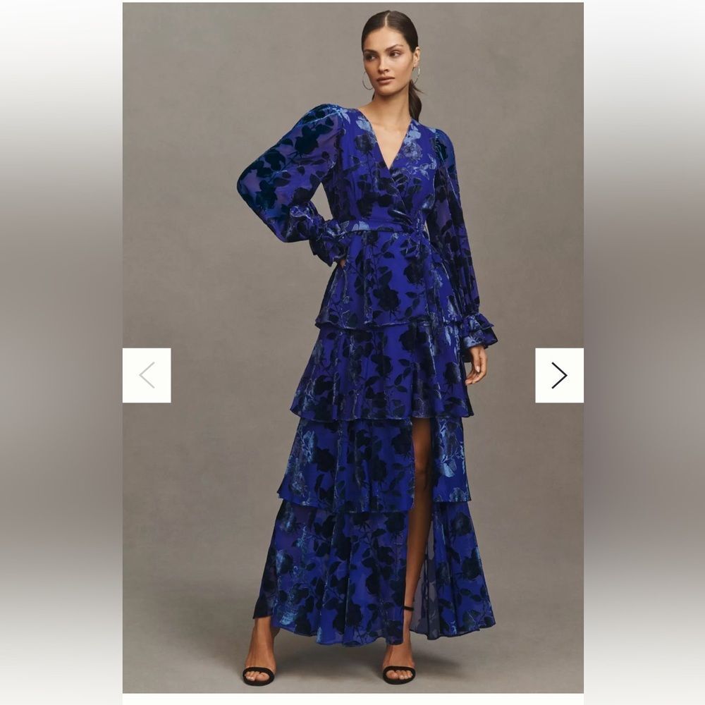 Hutch Bardot Long-Sleeve V-Neck Velvet Burnout Wrap Tiered Maxi Dress
